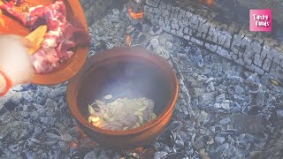 LAMB cooked on B-O-N-F-I-R-E with Aromatic herbs in earthen pot - OUTDOOR | tasty foods | 4k