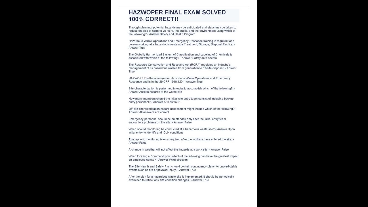 HAZWOPER FINAL EXAM QUESTIONS A ND ANSWERS RATED A+ LATEST UPDATE 2023 2024