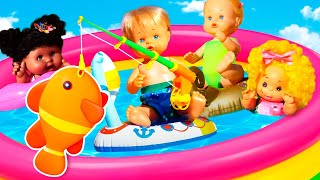 Baby dolls go swimming at the water pool. NEW swimsuits for Baby Born dolls. Pretend to play toys.
