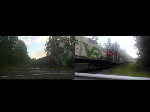 Finnish freight train 3643 passes NOPONTIE (km 67+386) level crossing. ( 2 camera angles)