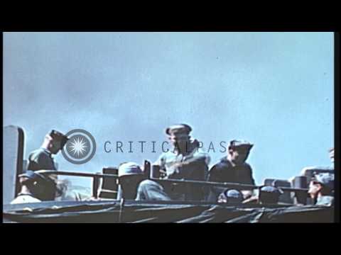 Guns fired at Japanese aircraft from US ships underway in the Pacific Ocean durin...HD Stock Footage