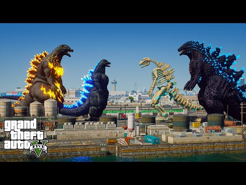 Burning Godzilla, Heisei Godzilla vs Godzilla BOB, Skeleton Godzilla - Epic FIght ( GTA V Mods )