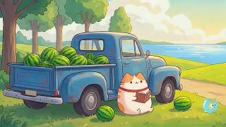 Mochi Cat Reading by the Lake 🍉 Chill Lofi Beats for Study & Focus 📚 Calm Sunny Vibes
