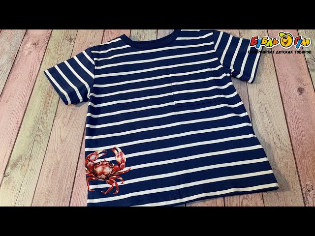 Футболка Lanson Kids в полоску с рисунком краба бело-синяя  - видео