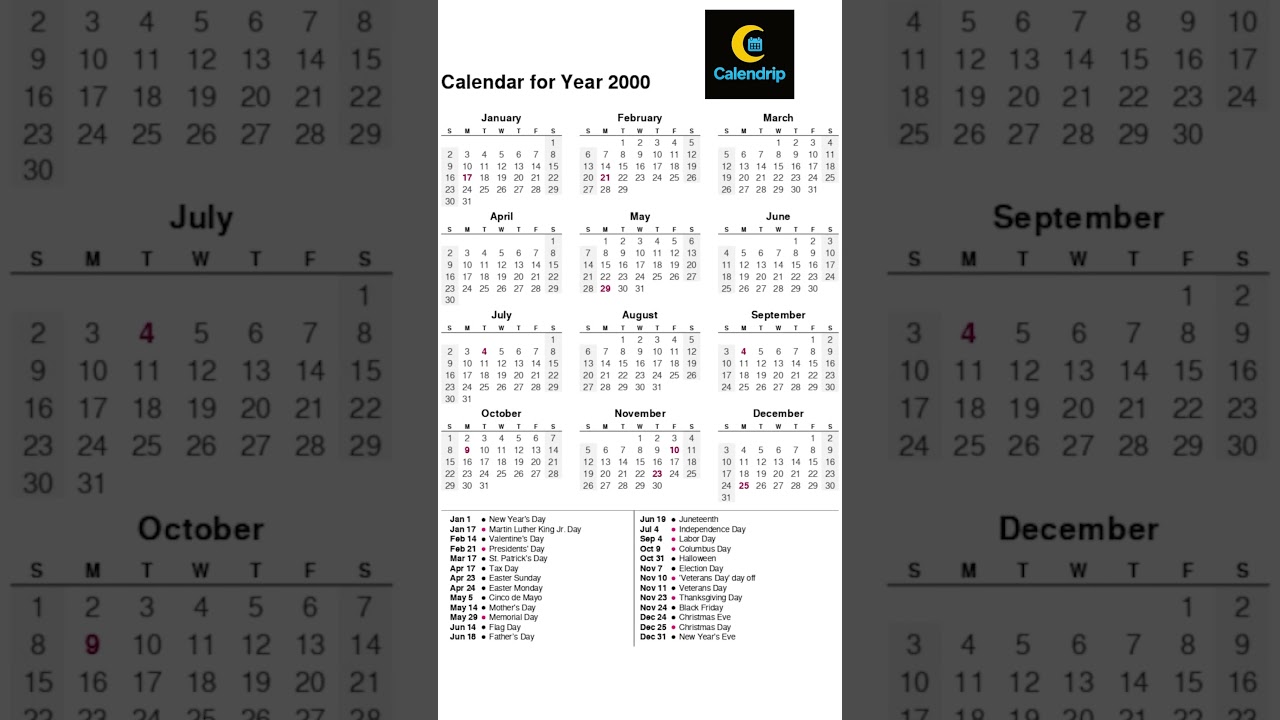 Calendar 2000 #monthsoftheyear #2000