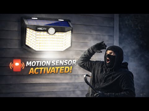 HMCITY 120 LED Outdoor Solar Lights with Motion Sensor and 3 Lighting Modes, IP65 Waterproof Wide Solar Wall Lights Ideal for Garden Patio Yard (Front Button 6Packs, Black Shell-Daylight White) video review thumbnail