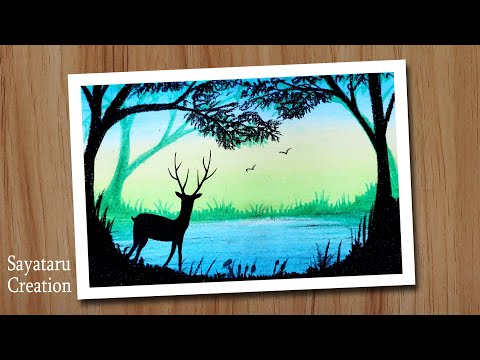 How to draw a scenery of nature with oil pastels, Oil pastel drawing for beginners