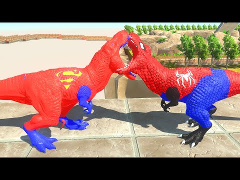 X1 DINOSAUR RED SUPERMAN T-REX vs X5 SPIDERMAN T-REX DEATH RUN - Animal Revolt Battle Simulator ARBS