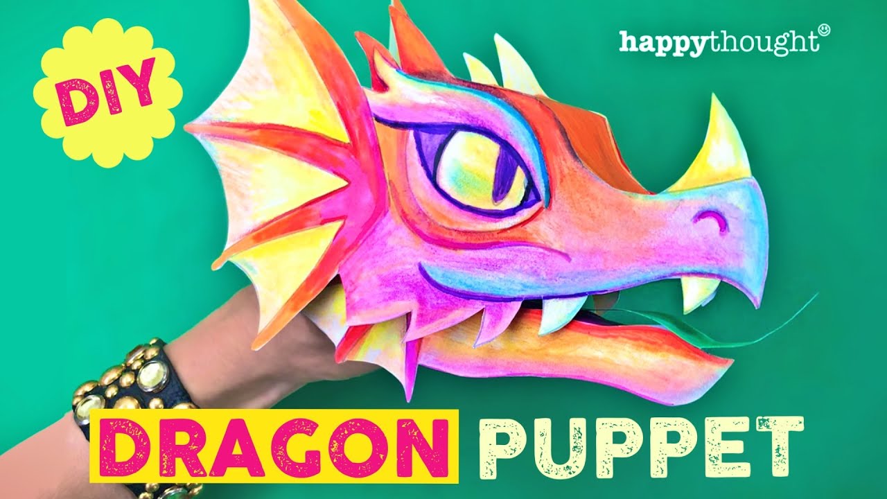Color-in + create paper dragon puppet tutorial. Craft a paper Dragon puppet template • Happythought