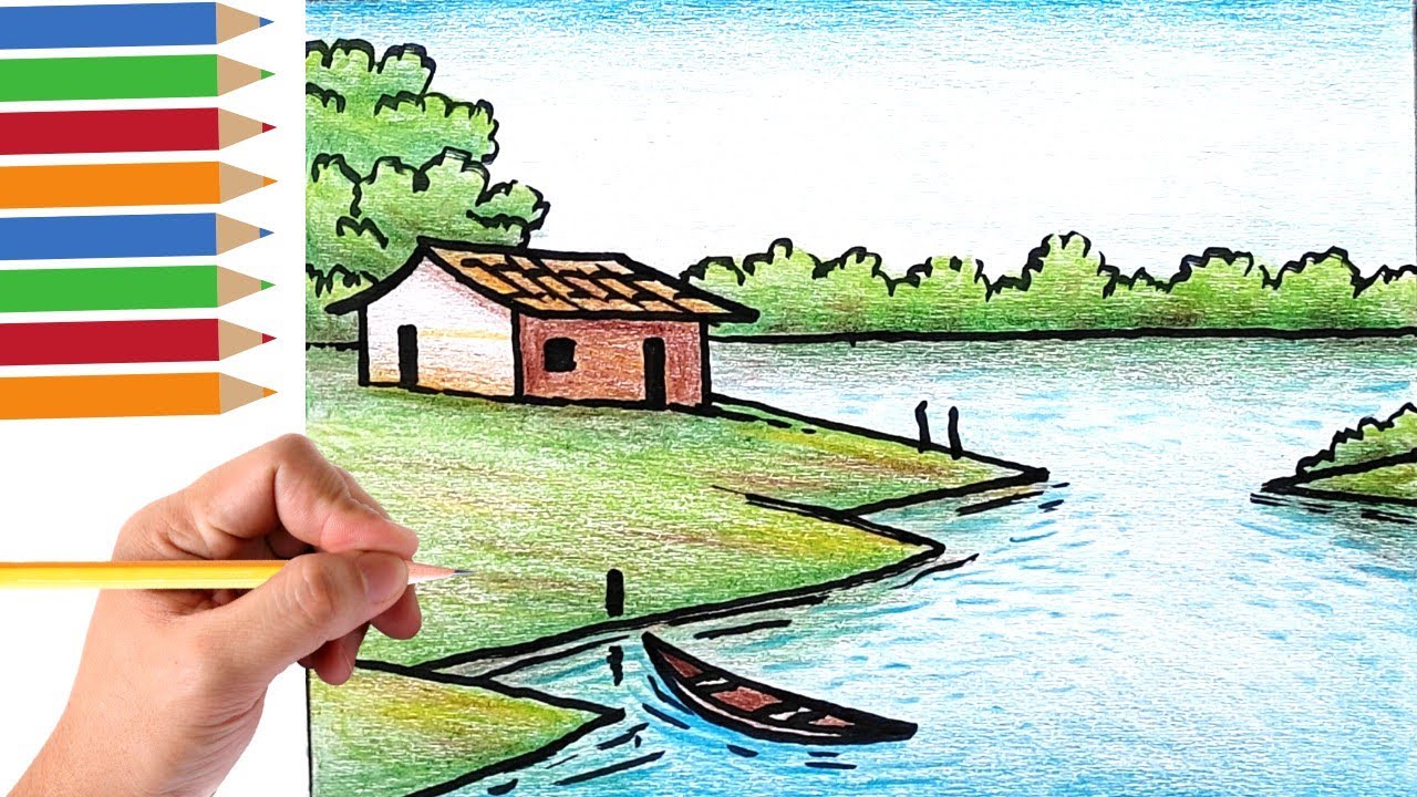 Como Desenhar Paisagem com Rio e pintar