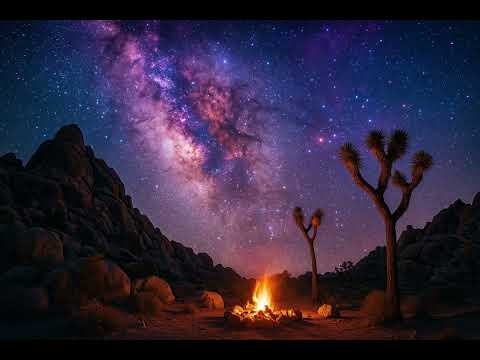 Beautiful Joshua Tree Campfire Night Ambience | Milky Way Stars, Desert Sounds & Coyotes | 1 Hour 4K