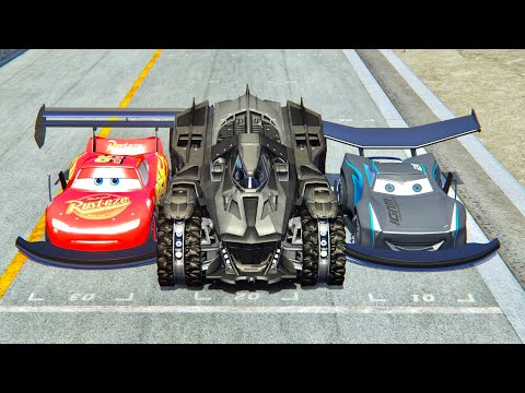 Lightning McQueen GTR vs Batmobile Arkham Knight vs Jackson Storm GTR - Drag Race