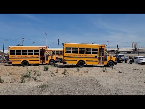 A-Z Bus Sales overflow lot with a couple of Chino Valley USD buses. 7/21/22