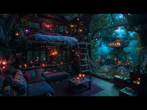 🎵  Tree House Life:  Enchanted Forest in the Rain | Ambient Music with Nature Sounds | 4K | 10 hours