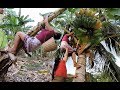 women Find meet natural coconut & banana  for eat - Coconut & banana eating delicious