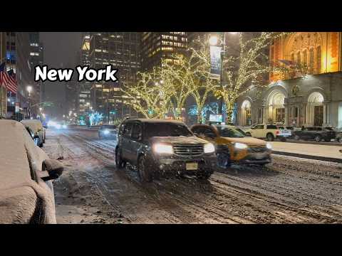New York City Snow Walking Tour 4k Night Time