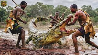 Como isso é possível? Tribo Mais Perigosa da África Enfrenta Crocodilo  Gigante Como se fosse nada