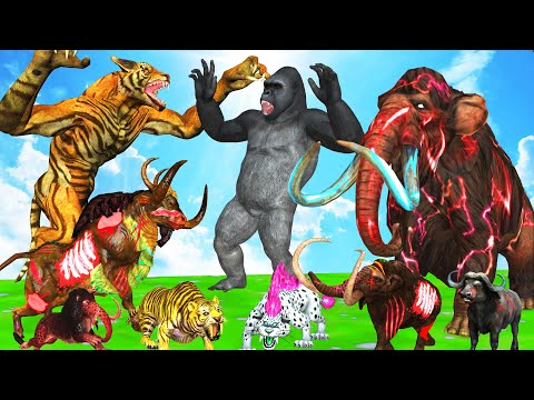 20 Mammoth Elephant Cow Gorilla vs 10 Giant Tiger Wolf Fight Baby Cow Saved By Woolly Mammoth