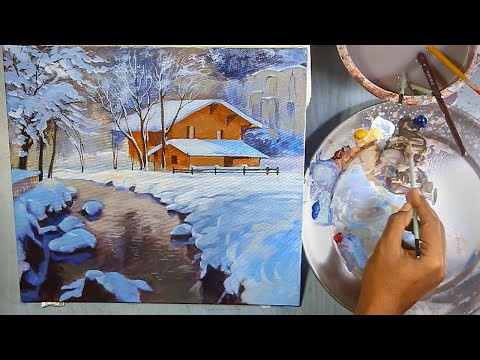 Acrylic Painting Winter Landscape | Snow House Creek | Steps to follow