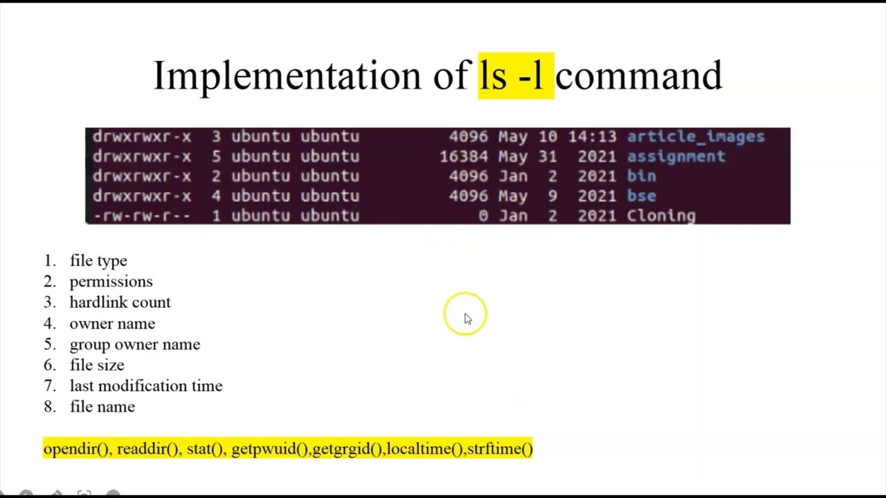 Implementation of ls -l command