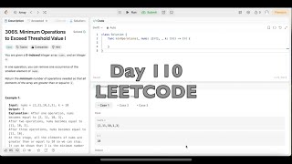 YouTube video 'Day 110: LeetCode Problem 3065. Minimum Operations to Exceed Threshold Value I - Swift'