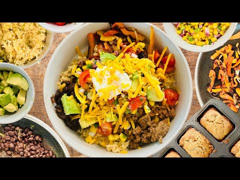 Taco Bowls! Ground Beef, Herb Rice, Corn Salsa, Pico De Gallo, Black Beans, Avocado, and Veggies