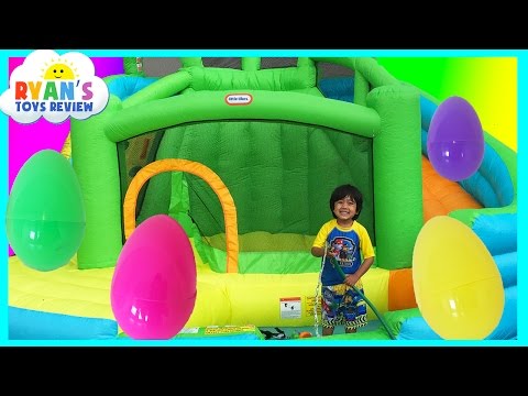 HUGE EGGS Surprise Toys Challenge with Inflatable water slide