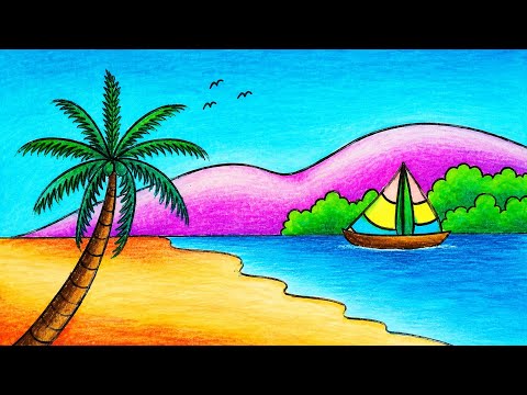 Easy Mountain Scenery Drawing on the Beach | How to Draw Easy Scenery With Oil Pastels
