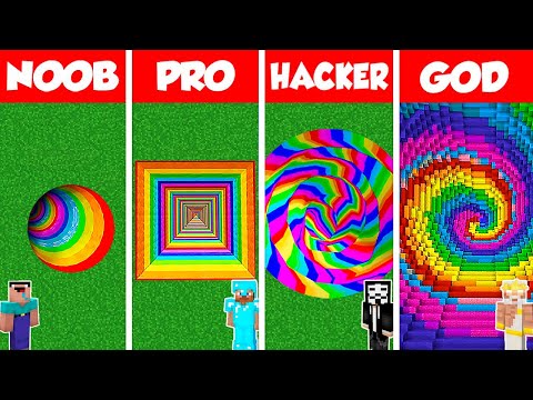 Minecraft Battle: NOOB vs PRO vs HACKER vs GOD: RAINBOW TUNNEL PIT HOUSE BUILD CHALLENGE / Animation