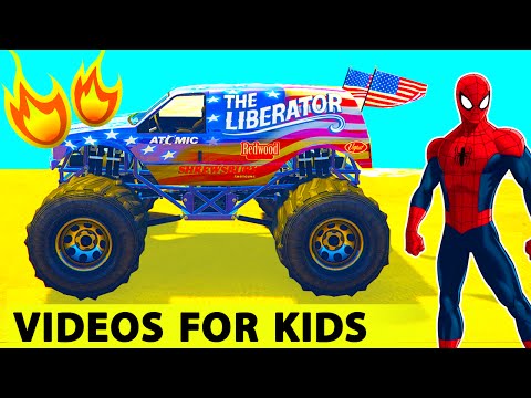 Policeman Spiderman and MONSTER TRUCK in Cars Cartoon for Kids /w Nursery Rhymes Songs for Children Video