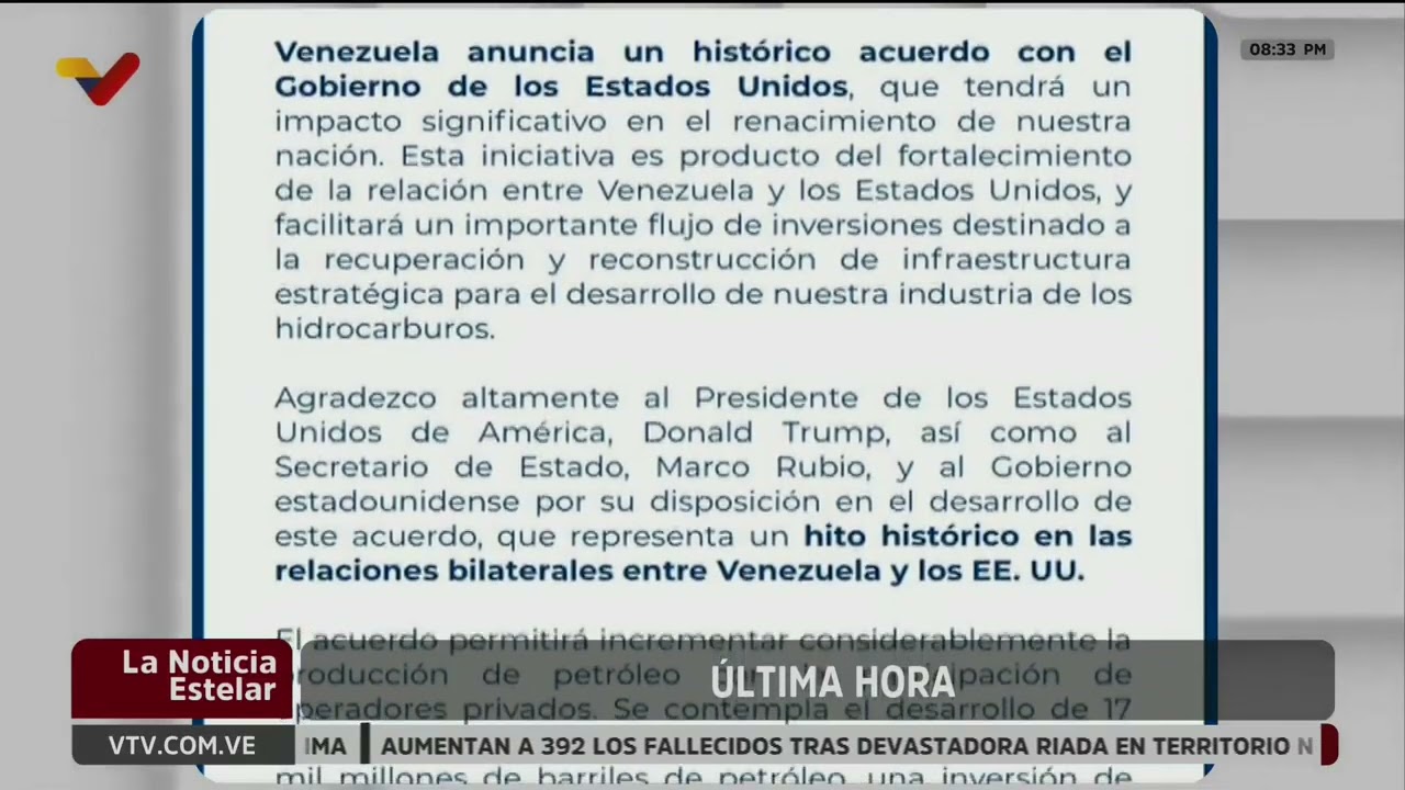 Delcy Rodríguez anuncia acuerdo petrolero con Donald Trump y Estados Unidos, comunicado leído en VTV