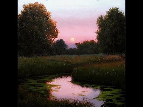 How to paint a realistic landscape. Moon trees water sunset
