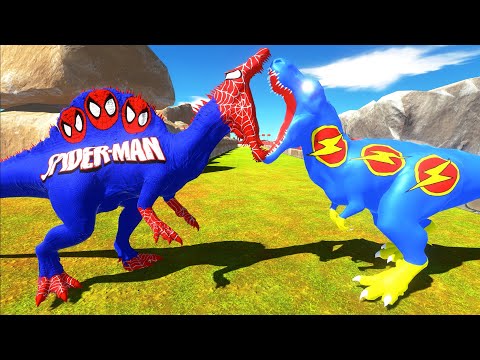 SPIDERMAN SPINOSAURUS vs BLUE FLASH T-REX DEATH RUN DRAGONLAND - Animal Revolt Battle Simulator