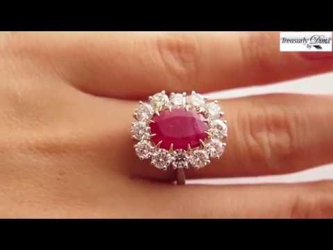 GIA 5.68ct Natural BURMA Red Oval Unheated RUBY and Diamond Engagement Platinum Cluster Ring