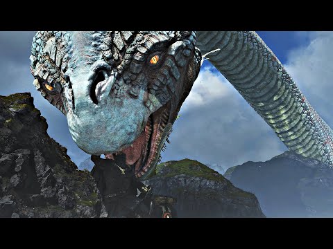 World Serpent Eats THOR Statue Scene (Free Camera Mode) & Close-Up View of Snake - God of War