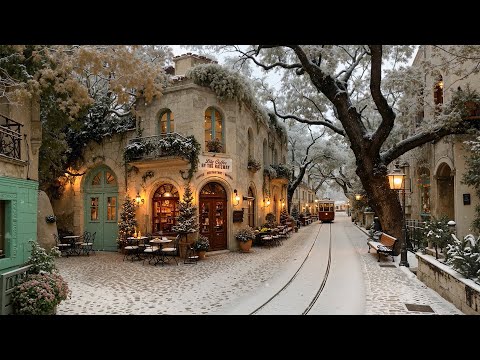 Gentle Morning Jazz ☕Snowy Day at a Vintage Outdoor Café by the Tram | Winter Jazz for Positive Mood