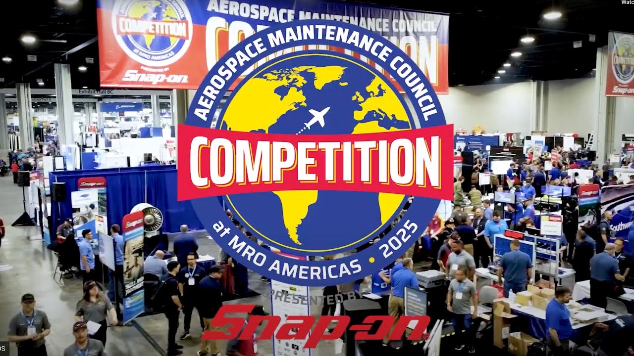 The Competition video thumbnail: teams executing timed aircraft maintenance events in an arena setting