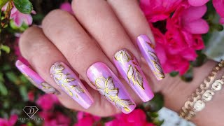 3D gold nail art. Chrome 3D nails with transfer foil easy for beginners nail art trend.