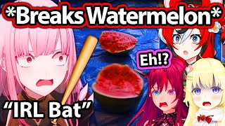 Bae, IRyS and Watame React to Calli Breaks Watermelon IRL With a Bat 【Hololive】