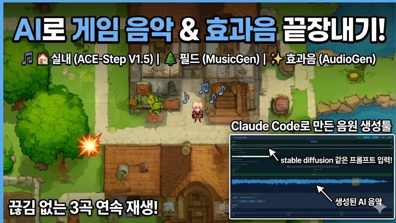 AI로 게임 배경음악·효과음 만들기 — ACE-Step·AudioGen 음원 툴을 클로드 코드로 직접 만들어 RPG에 넣기 (AI RPG 7편)