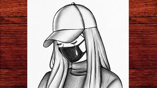 Easy Sad Girl Drawing with Mask and Cap | Step by Step Pencil Sketch Tutorial