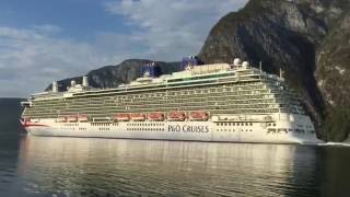 AWESOME cruise ship BRITANNIA steaming out Norwegian Fjord