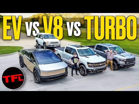 This Video Will Make EVERYONE Mad: Ford V-8 vs Ram Turbo I-6 vs Cybertruck Tow-off!
