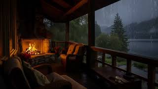 Cozy Rainy Lake Cabin with Fireplace 🔥 Rain Sounds for Deep Sleep & Relaxation