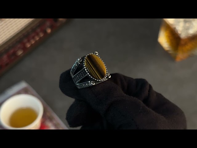 خاتم رجالي فضة بحجر عين النمر