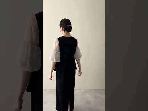ブラックのチュール袖ペプラムドレス 動画