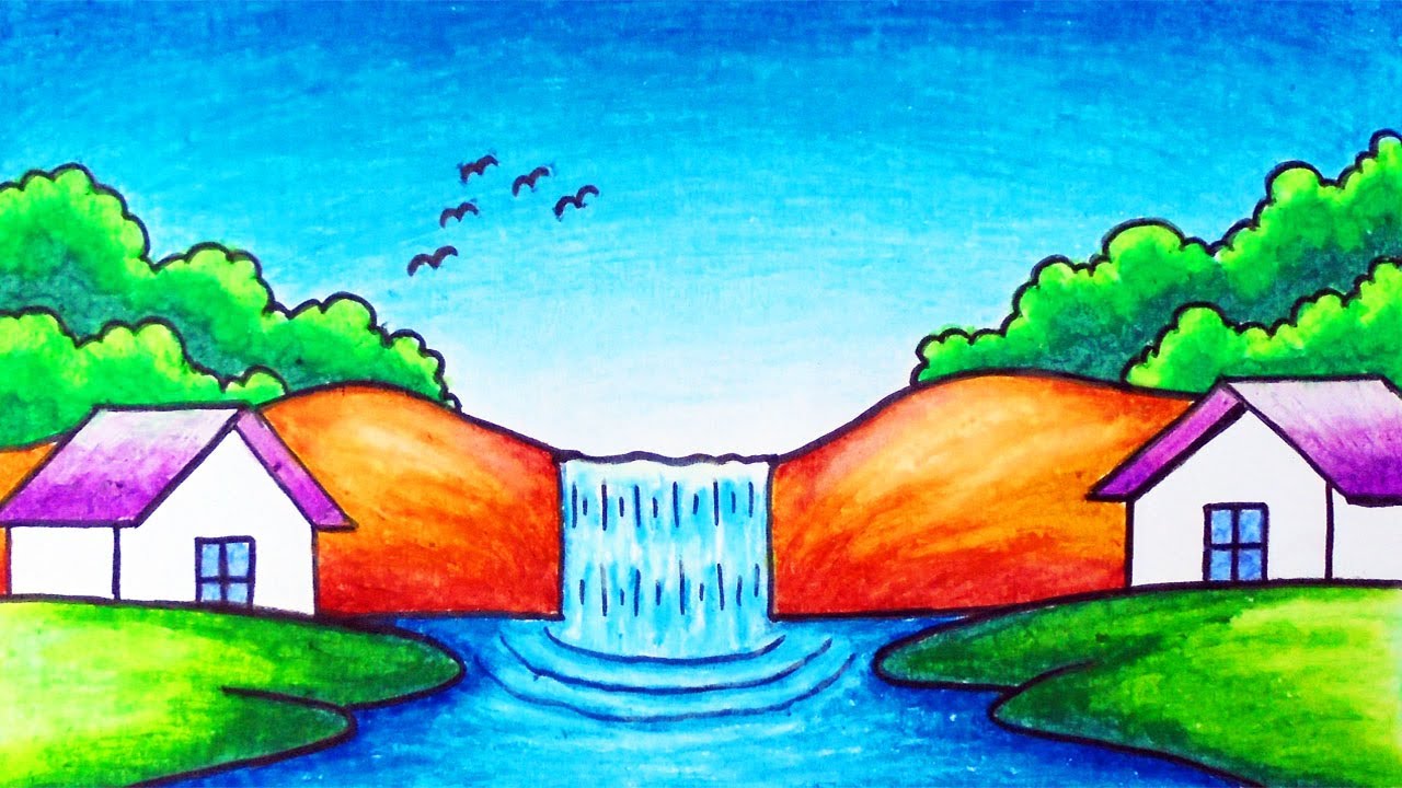 Putar video Super Easy Waterfall Scenery Drawing | How to Draw Simple Nature Scenery of Waterfall in the Village sekarang Super Easy Waterfall Scenery Drawing | How to Draw Simple Nature Scenery of Waterfall in the Village