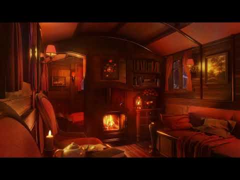 Rustic Caravan Ambience - Rain Sounds & Distant Thunderstorm with Crackling Fireplace