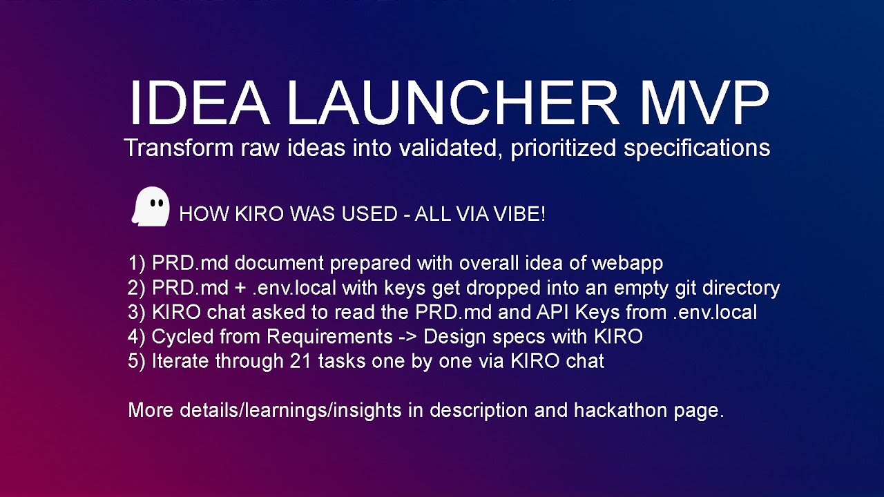 Idea Launcher MVP is a Devpost Code with Kiro Hackathon Submission Sep 2025