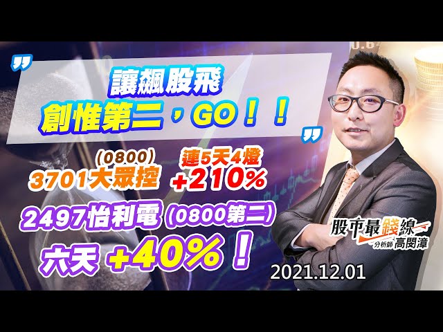 20211201《股市最錢線》#高閔漳，“讓飆股飛，創惟第二，GO！！””3701大眾控(0800)連5天4燈+210%””2497怡利電(0800第二)，六天+40%！”